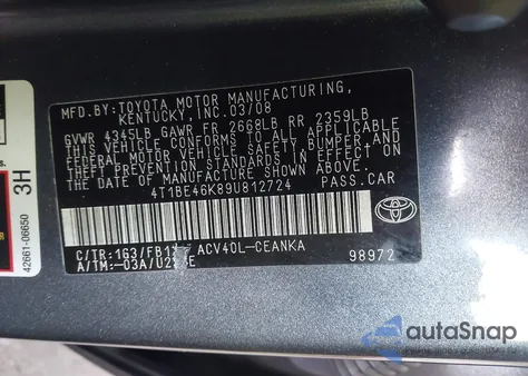 2009 Toyota Camry Le из США, поврежденный, VIN 4T1BE46K89U812724